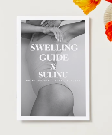 Black and white poster with a cropped woman's torso and arms. Text: SWELLING Guide–download–How to avoid swell hell and still love your meals. Bright orange flowers border tips for reducing swelling after surgery with low-sodium meals.