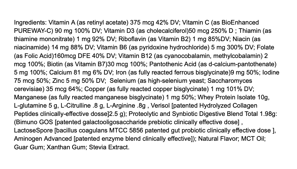 Photo showing a list of full ingredients and percent values for each.