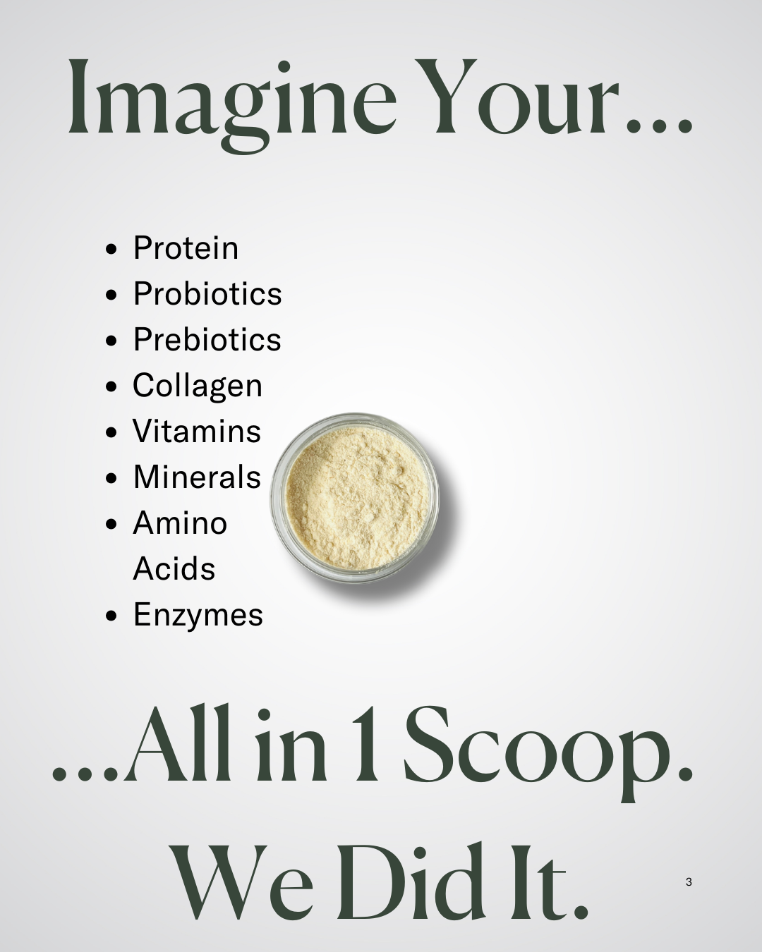 Photo showing what's included in Sulinu's Before + After Vitals. Imagine our protein, probiotics, prebiotics, collagen, vitamins, minerals, amino acids, and enzymes all in one scoop.