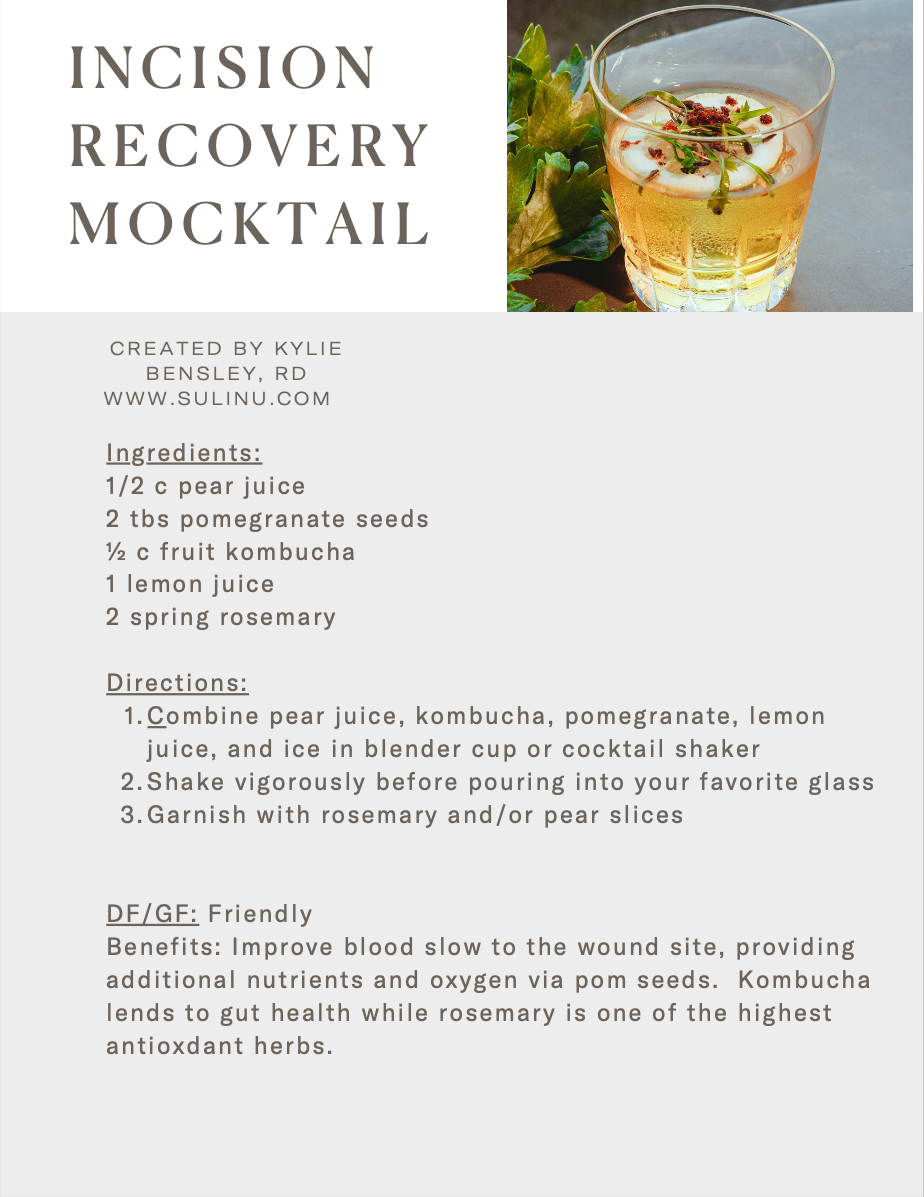 An informational recipe card from the ULTIMATE Surgery Bundle ($57, $130 value) for an Incision Recovery Mocktail—includes ingredients, directions, dietary notes, and a photo with rosemary and pear garnish—ideal for pre/post-surgery nutrition.