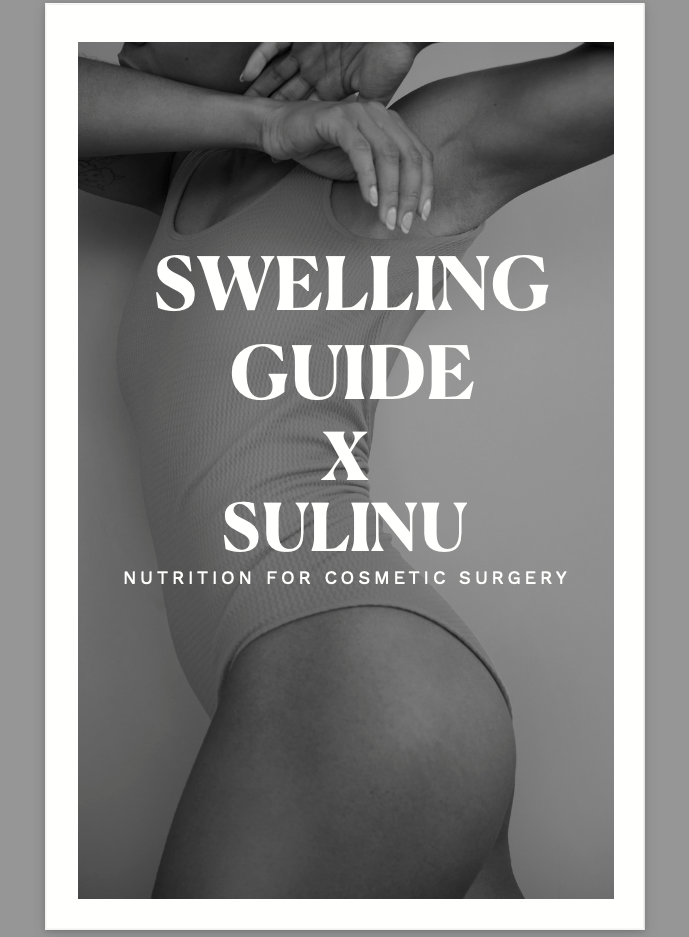 Black-and-white image of a woman in a bodysuit with arms over her head. Overlaid text: “SWELLING GUIDE X SULINU. ULTIMATE Surgery Bundle - DOWNLOAD - $57 ($130 Value) for Cosmetic Surgery & Nutrition.”.