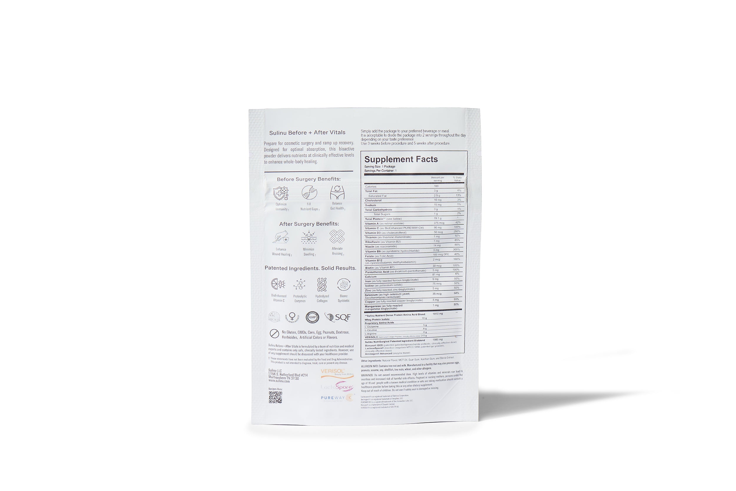 Back of The VIP Surgical Recovery Kit package displays supplement facts, ingredient list, and benefits for cosmetic surgery recovery before and after procedures, plus certification icons. Black text appears on a plain white background.