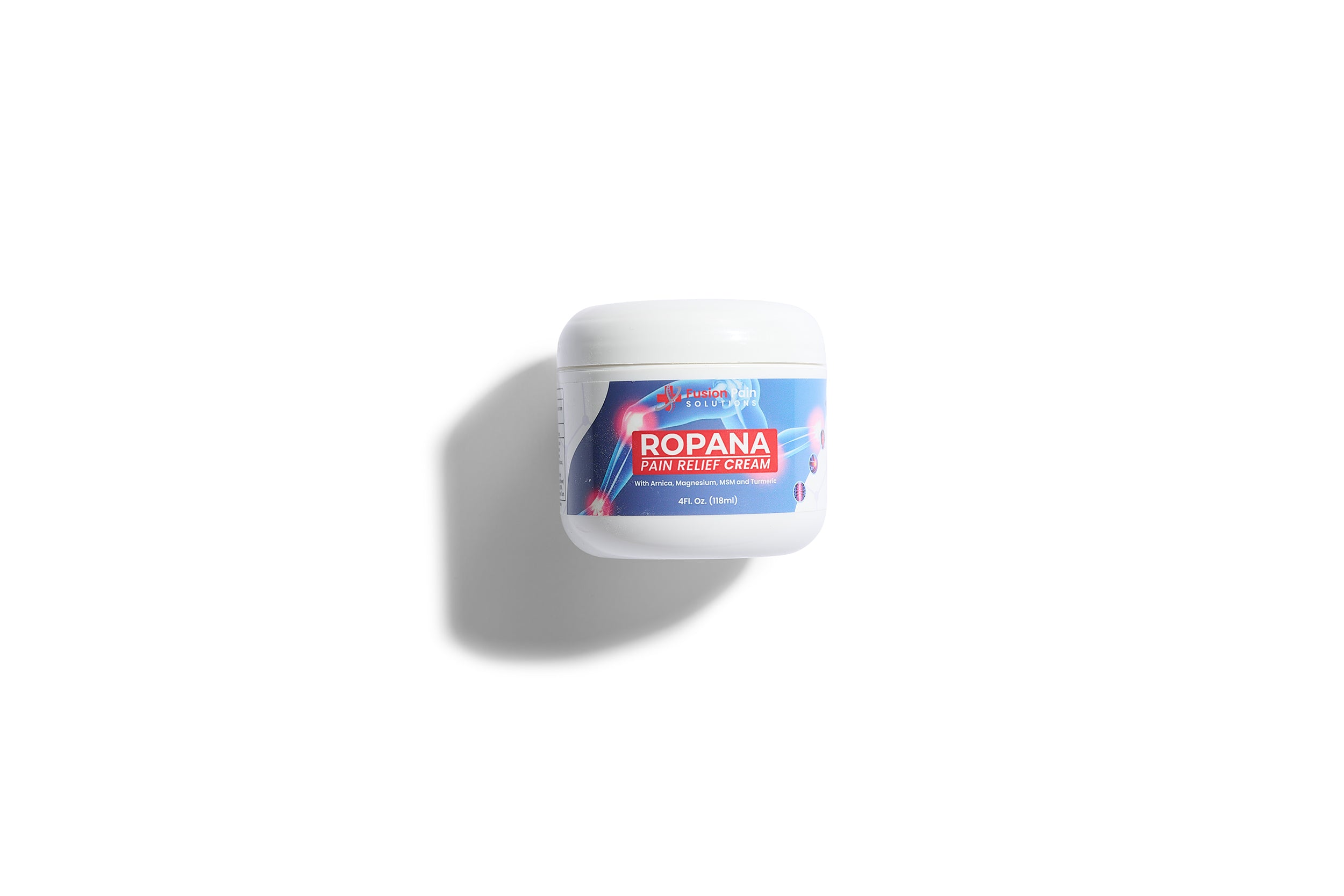 A white jar of Ropana Pain Relief Cream with a blue and red label, photographed on a white background with a left shadow—an ideal addition to The VIP Surgical Recovery Kit.